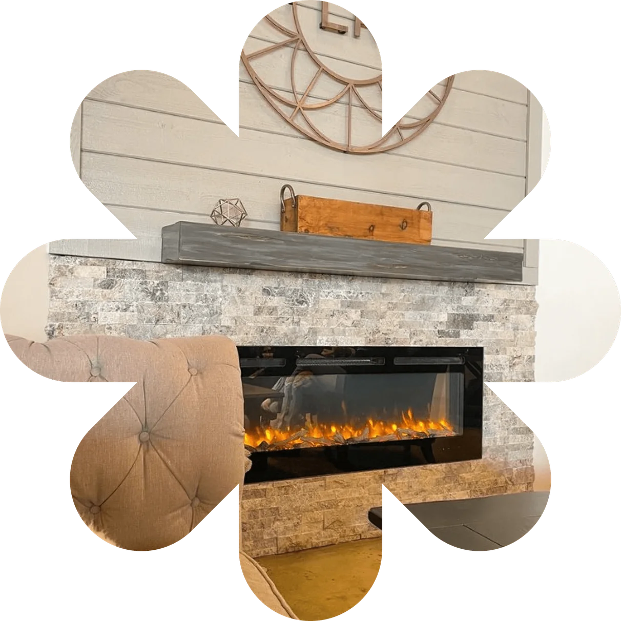 Fireplace and cozy seating inside Living Room Coffee