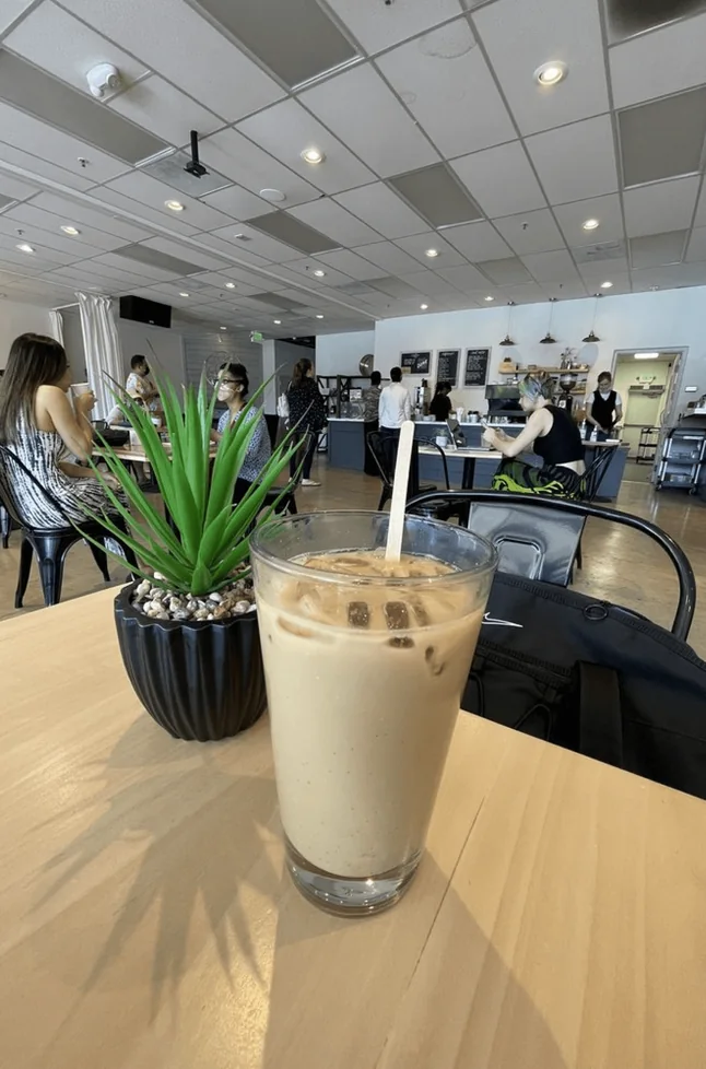 Iced latte inside the cafe
