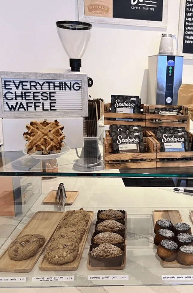 Pastry and waffle case at the counter